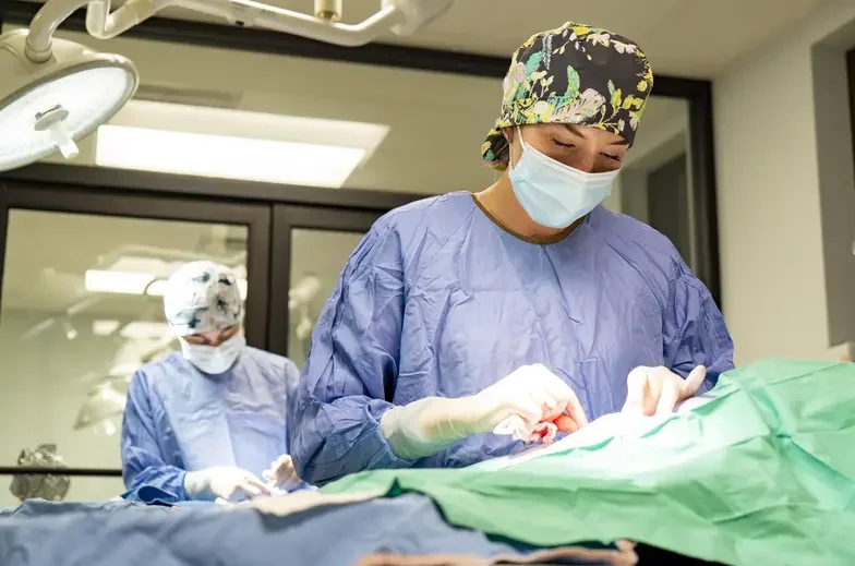 Person in scrubs performing surgery