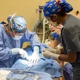 Three people in scrubs performing surgery 