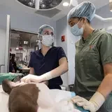 Two members of clinic medical staff look at an anesthetized animal awaiting surgery