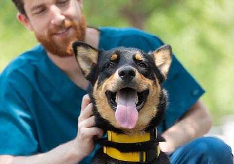 ASPCA Staff member kneeling behind black dog