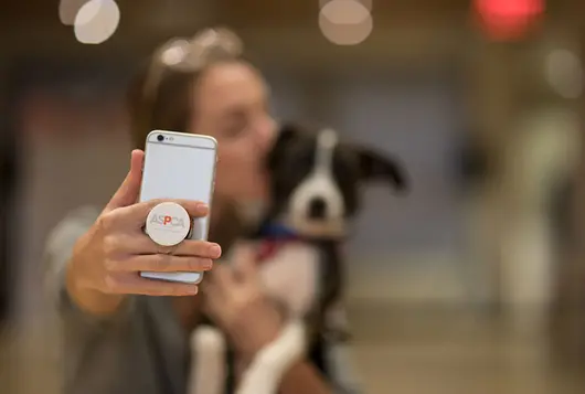 dog having selfie taken with staff aspca logo