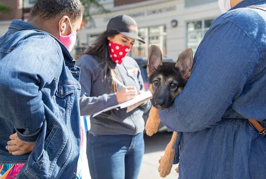 puppy in arms of owner at aspca clinic