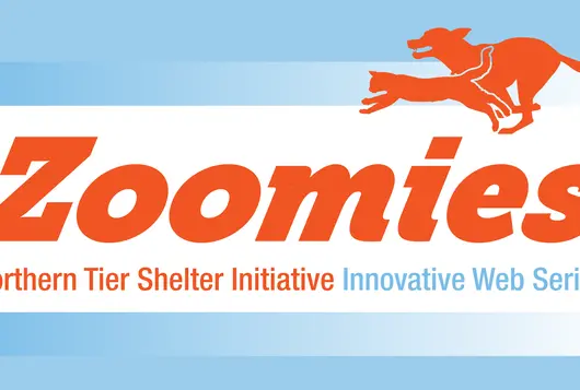 zoomies logo orange and blue with animals