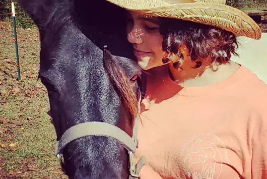 Black horse with a person wearing a straw hat and orange shirt