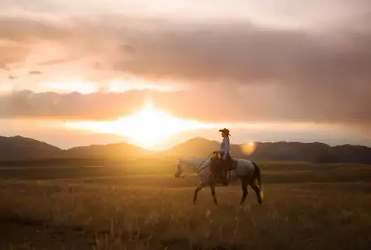 person on horseback in deep sunset with mountain range in background