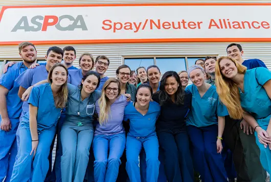 group of students wearing scrubs standing outside ASNA building in front of signage