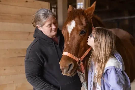A woman in a black sweatshirt and young girl in a purple jacket stand on opposite sides of a brown horse.