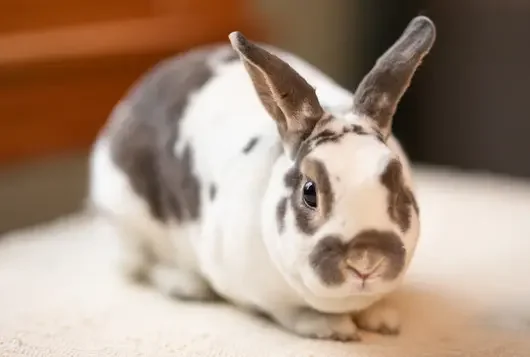 Gray and white rabbit on a white table