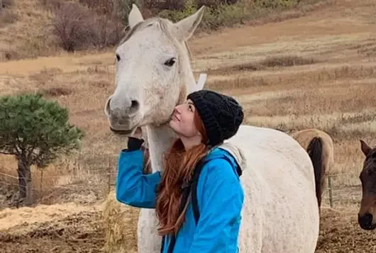 girl stands looking at white horse lovingly