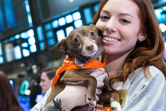 carly omalley holding small dog at NYSE