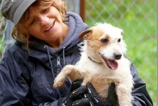 pam reid with a happy dog