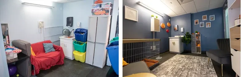 Image on left is a before photo of a real-life room. Image on right is after the real-life room was remodeled.