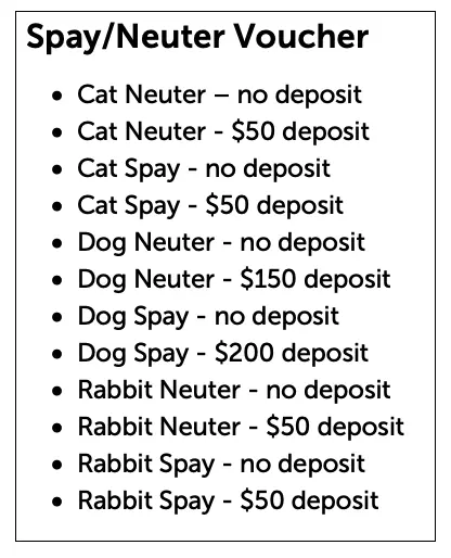 text of voucher listing rates for various animal spay neuter surgeries