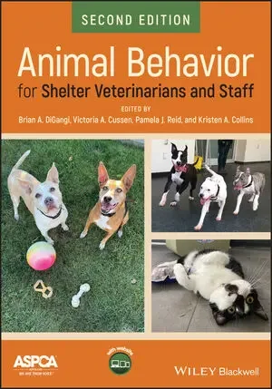 cover of animal behavior in shelters book with images of dogs playing in groups