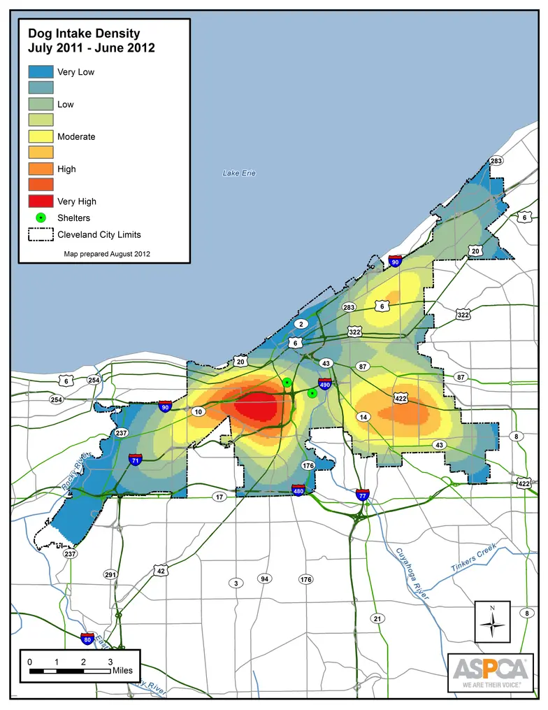a heat map showing areas of high and low dog intake for GIS mapping