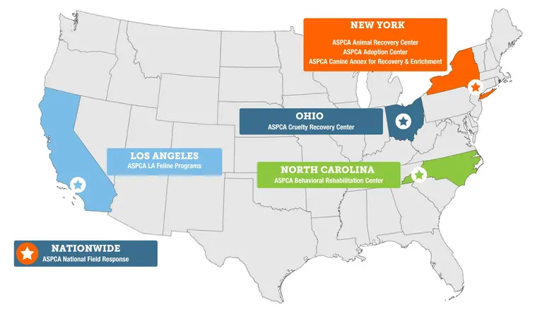 a map graphic indicating the location of ASPCA placement partners