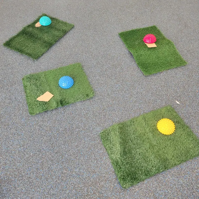 Four grass-like patches with scent enrichment items