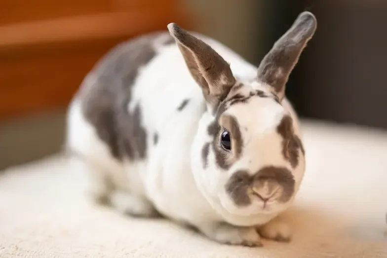 Gray and white rabbit on a white table