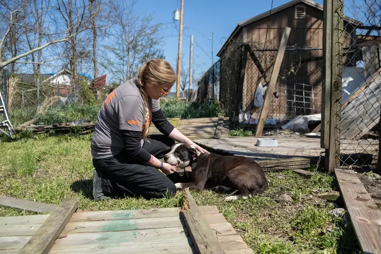 ASPCA Staff member kneeling in front of destroyed house petting a dog