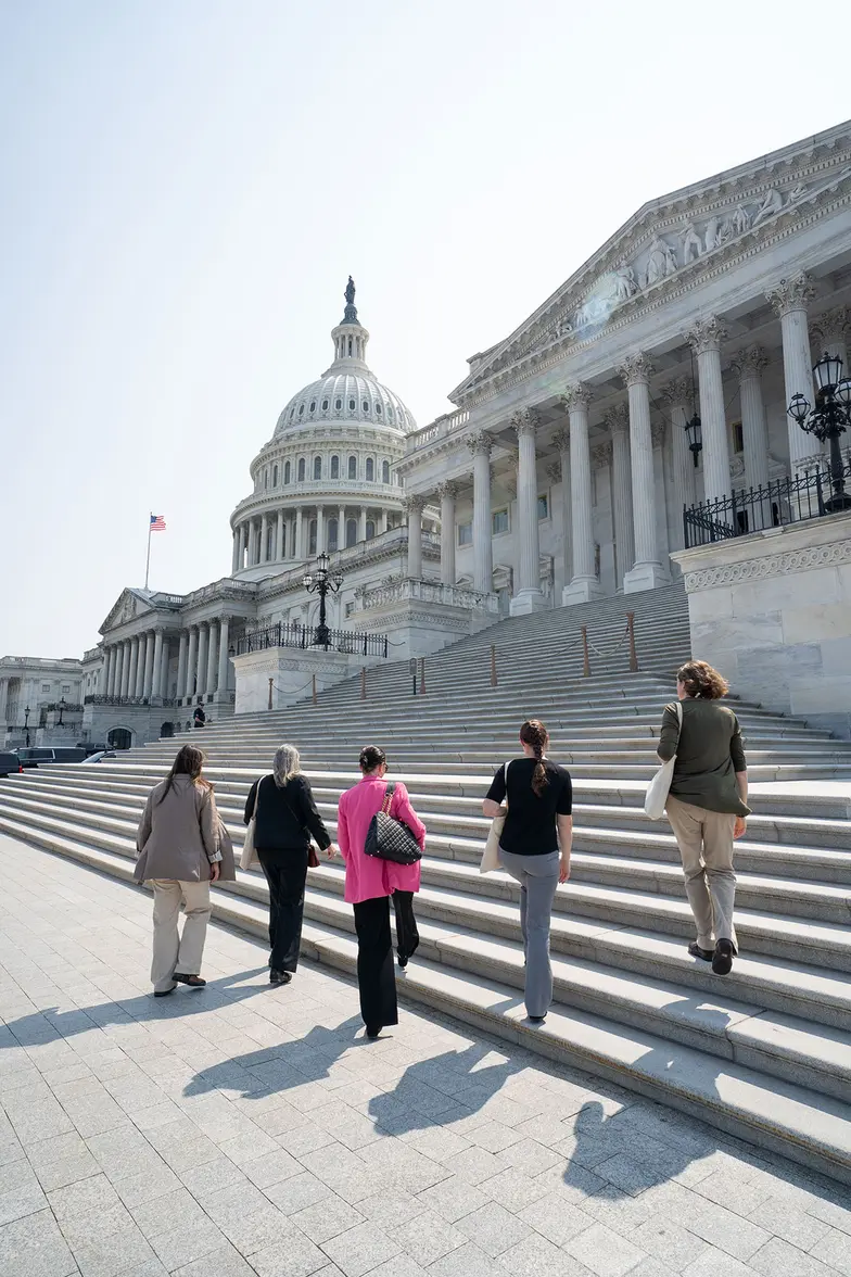 a group of 5 professionally dressed veterinarians walk up the stairs in Washington DC