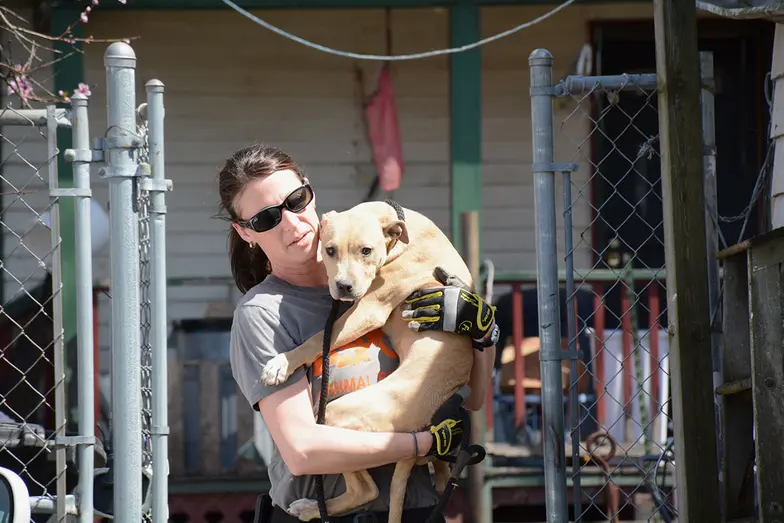 Kristen Limbert carries dog out of home in FIR deployment
